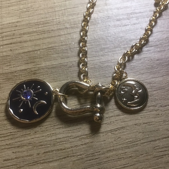 Gold and Blue Rhinestone Star Crescent Toggle Moon Pendant Necklace Bracelet Set - Picture 6 of 10